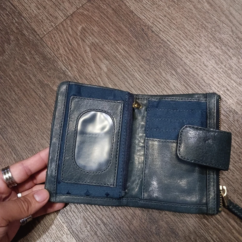 Vintage Fossil Dark Green  Leather Compact Wallet with Gold Plaque